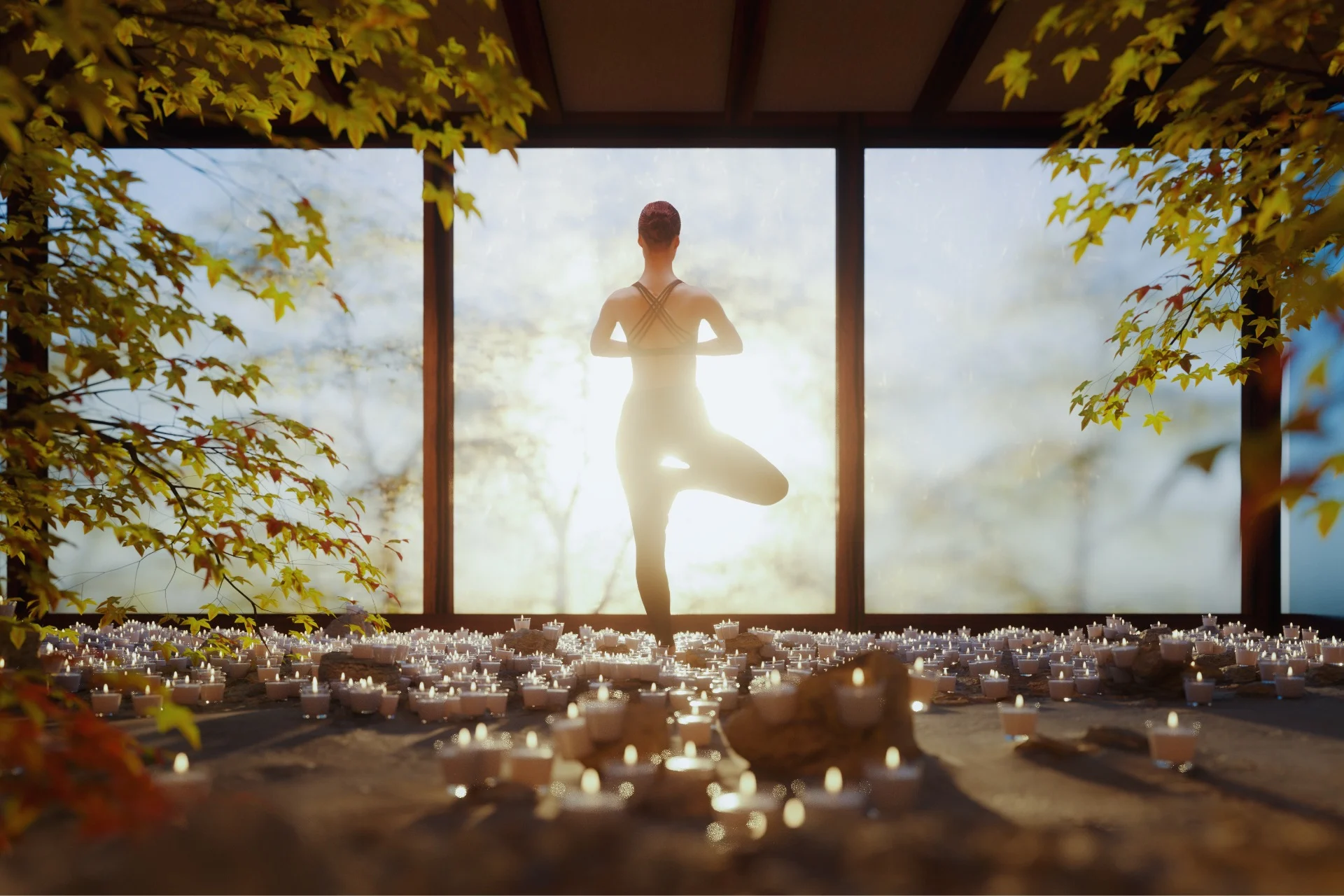 woman in yoga pose standing in Asian room at silent retreat